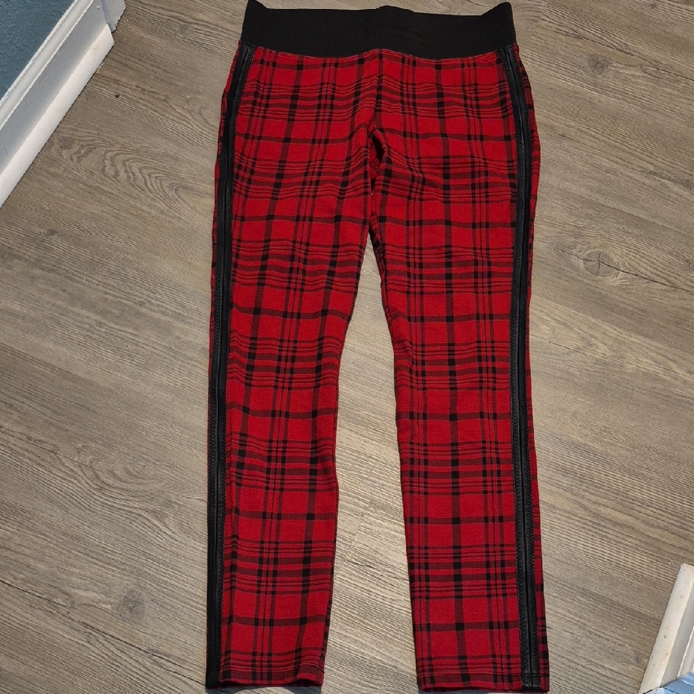 Copper Key Red Plaid Pants with Black Faux Leather Accents. Size XL